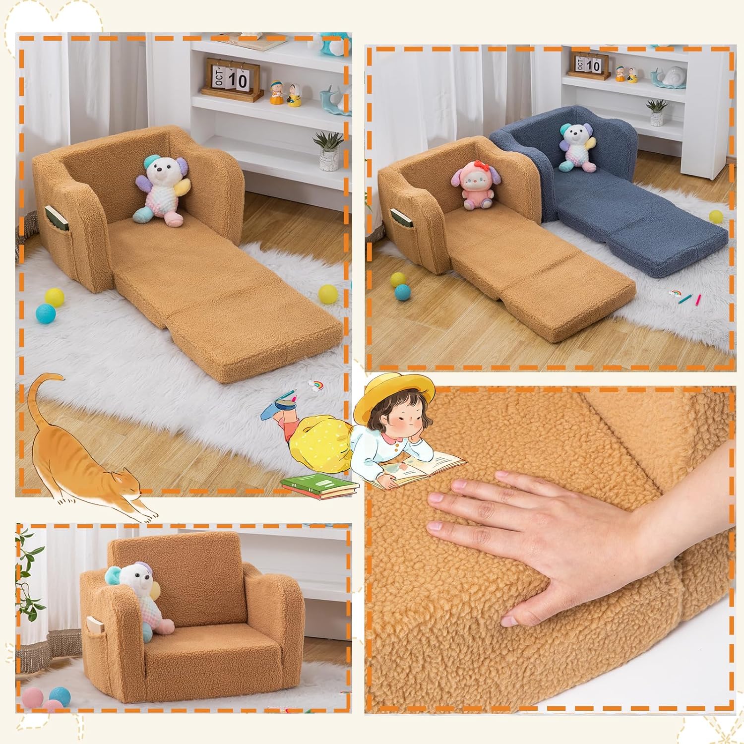 Toddler Baby Chair Couch Sofa Kids Foldable 2-in-1 Sherpa Fold Out Couch Bed Toddler Chairs Comfy for Boys & Girls Convertible Kids Furniture Lounge Chair for Playroom with Double Pockets, Dark Camel
