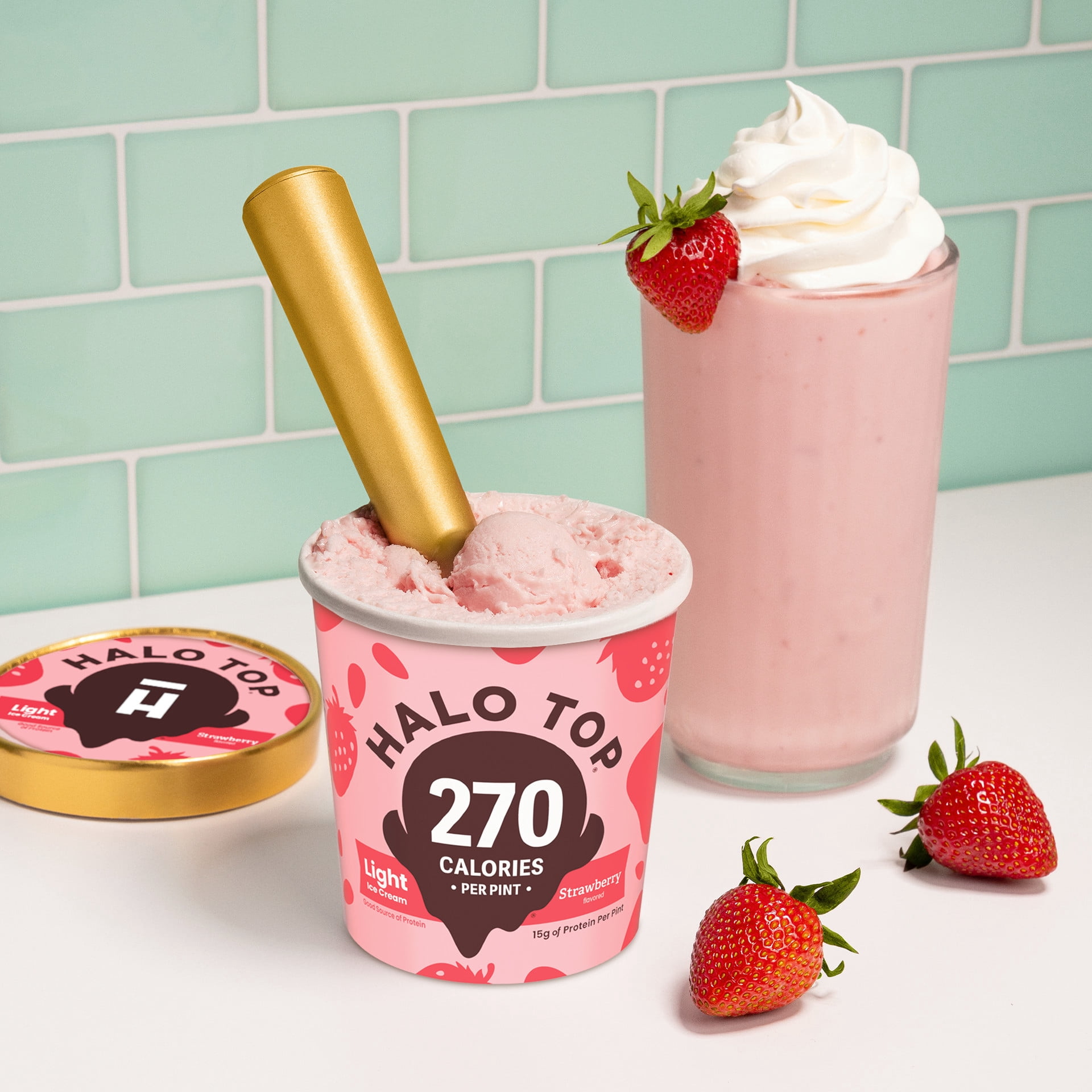 Halo Top Strawberry Flavored Light Ice Cream, With A Good Source of Protein, Lower Calorie Frozen Dessert, 16 fl oz Pint