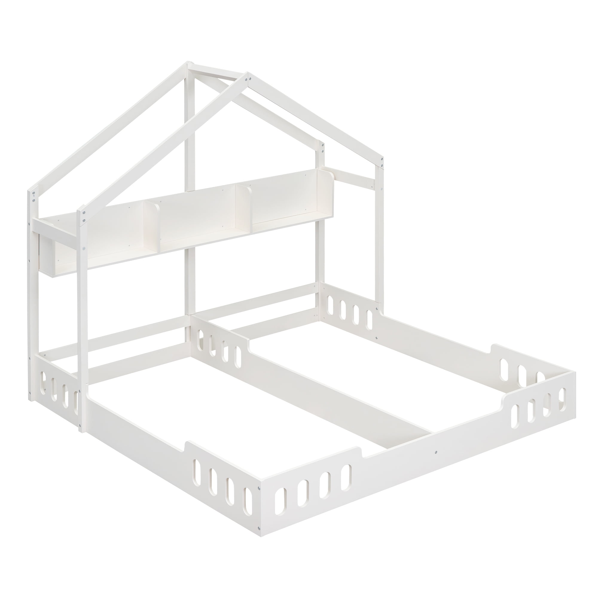 Euroco Wood Twin Size House Bed with Shelf, 2 Platform Beds with Storage, Creamy White