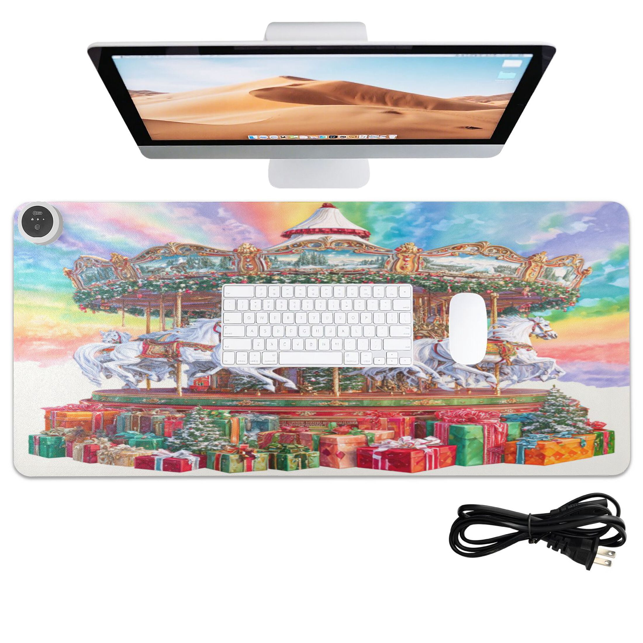 Large Heated Desk Mat Mouse Pad 31.5"x13"PU Leather Graphene Heating Desk Warmer with 3 Temperature Settings 110V US Plug Non-Slip Warm Pad for Home, Office, and Gaming Christmas Spinning White Horse