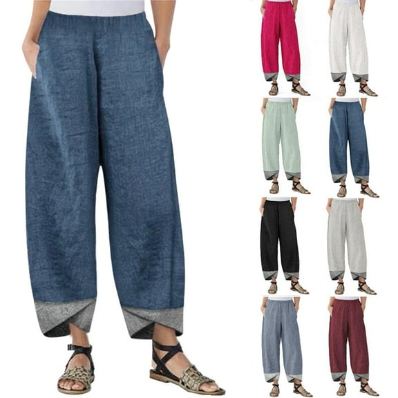 Sijiajgjfu Capris Pants for Women Plus Size Summer 2025 Cotton Linen Tulip Hem Straight Wide Leg Cropped Beach Trousers with Pocket Black XL