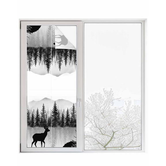 Window Privacy Film Deer Forest Stained Glass Window Film Decorative Sun Block Window Cover Retro Country Trees Mountain Nature Scenery Window Clings Static Adhesive Sticker for Bathroom 23.6"x59"