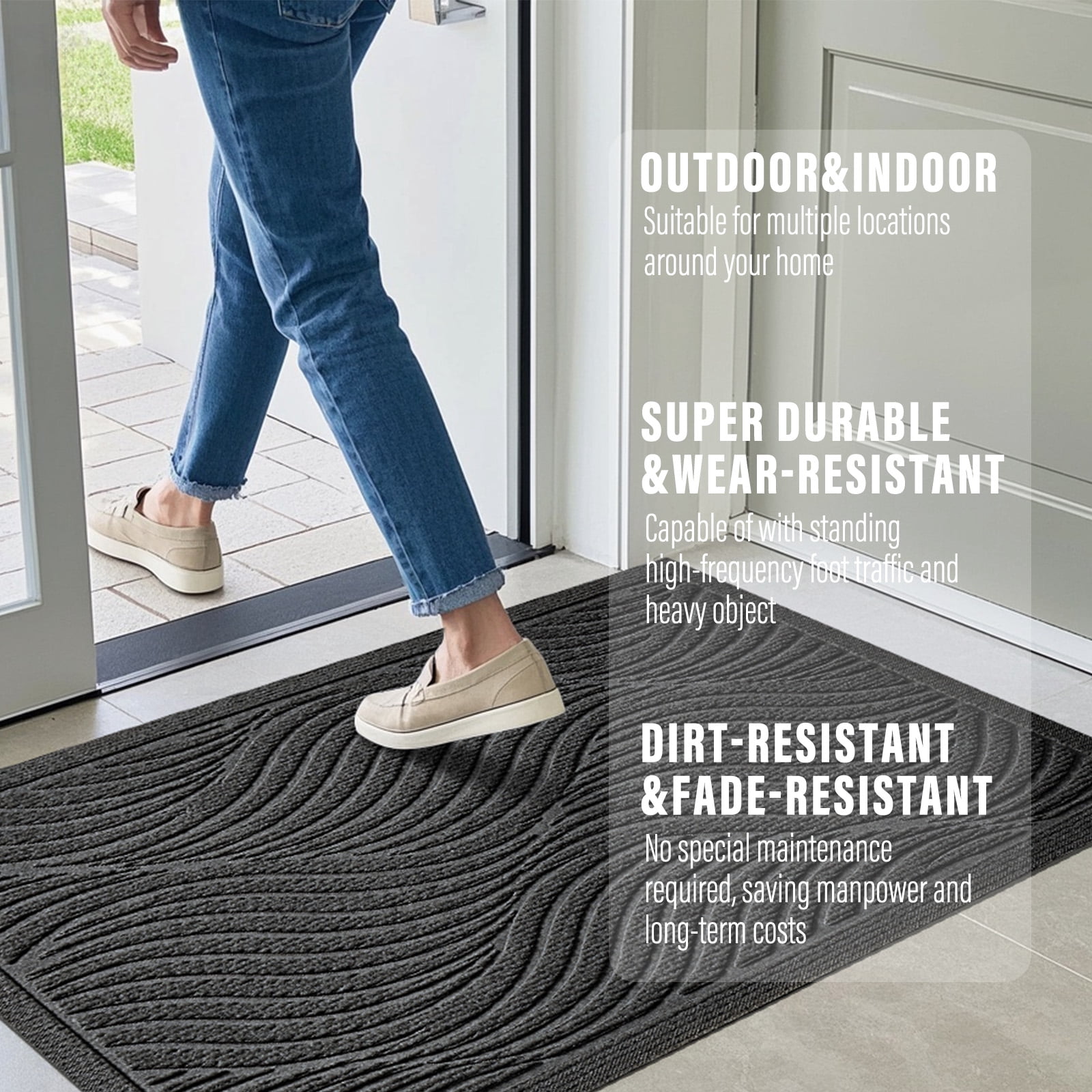 Front Doormat Non Slip Outdoor Mat 24"x36", Dirt Trapper TPE Welcome Mats Outdoor Indoor Rug, Durable Easy Clean Low Profile Doormat for Garage Entryway Patio High Traffic Areas,Grey