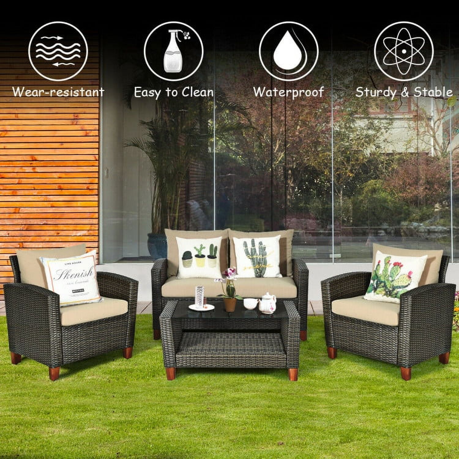 Aimee Lii 4 Pieces Patio Rattan Furniture Set with Cushions, Modern Patio Furniture Aimee Lii 4 Pieces Patio Rattan Furniture Set with Cushions, Modern Patio Furniture