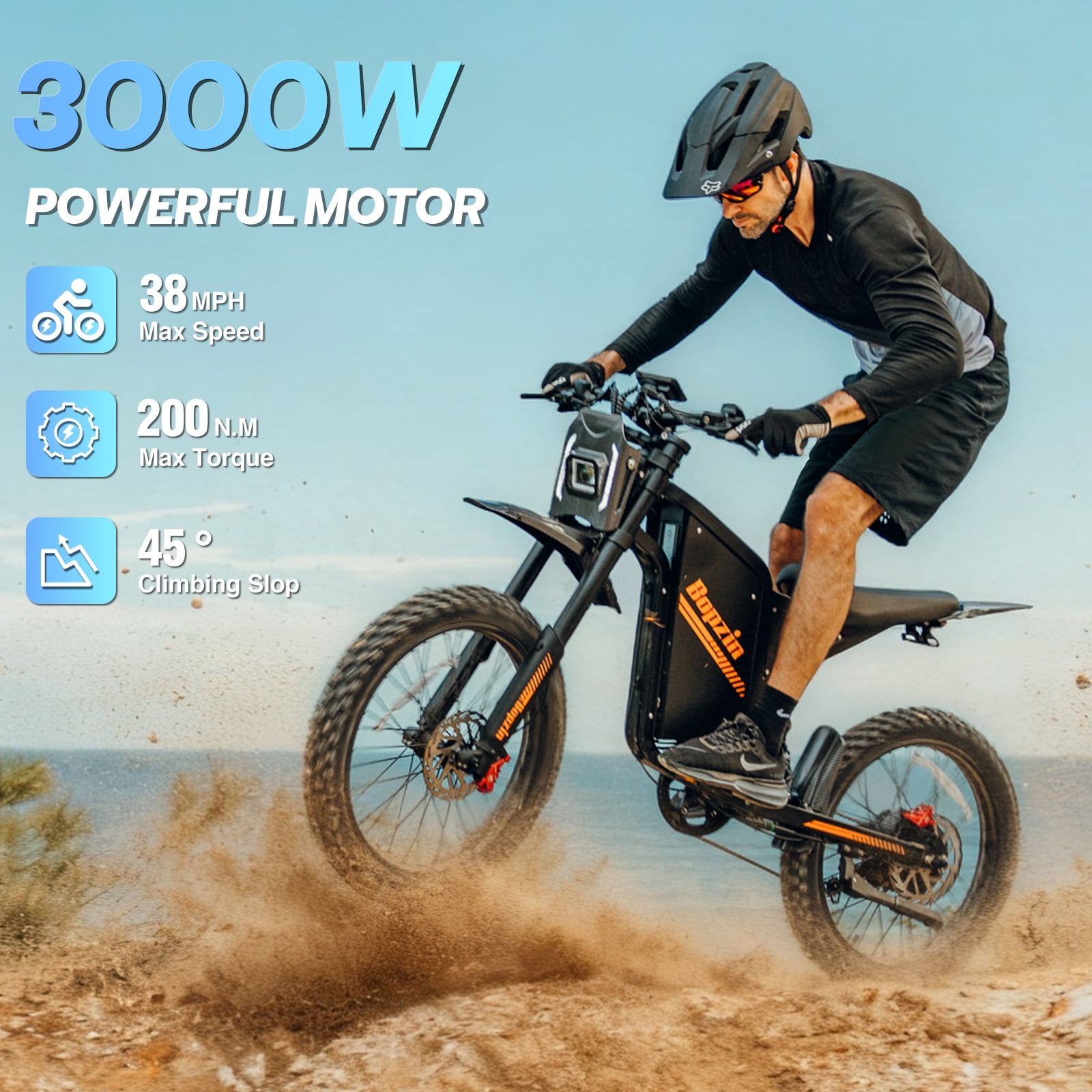 Peak 3000W Electric Dirt Bike for Adults,60V 35Ah Removable Battery,100Miles & 38MPH Electric Motorcycle ,25’’ Fat Tire Mountain Bike UL2849