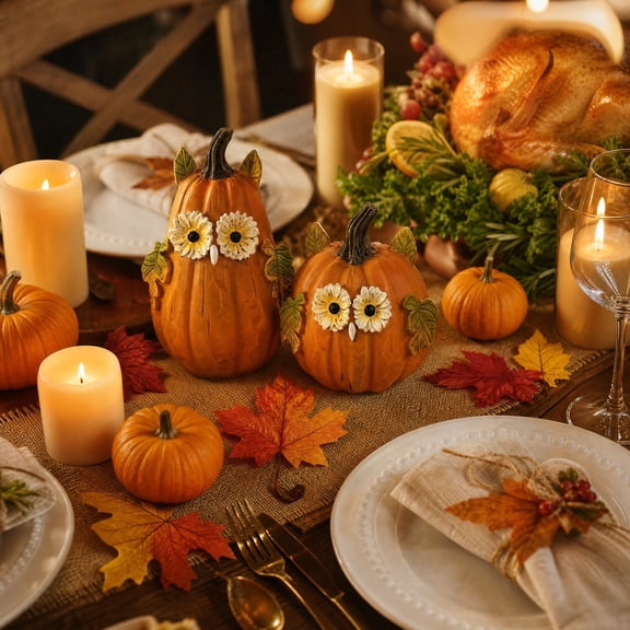 Handcrafted Resin Owl Pumpkin Figurine with Floral Eyes and Leaf Ears for Fall Halloween Thanksgiving Tabletop Decor Indoor Party Decoration