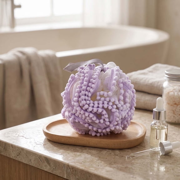 WIZUTIZ Cute Mesh Bath Sponge Loofah,4.7in Soft Shower Hanging Pouf with Massage Texture, Gentle Body Cleanser for Daily Bathing and Exfoliation Purple