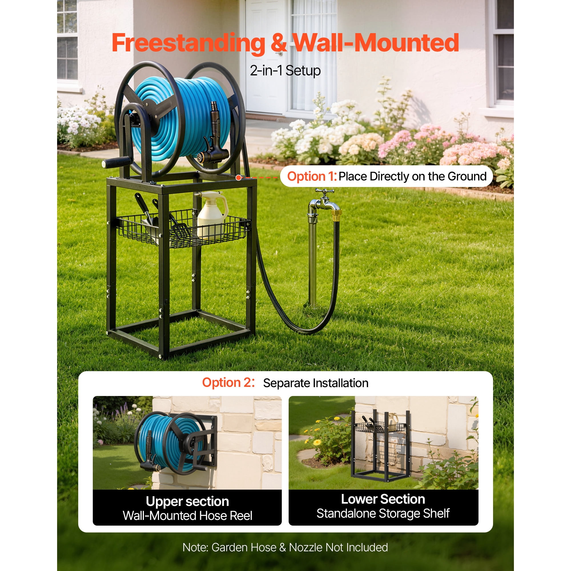 KFFKFF Freestanding Garden Hose Reel, Accommodates 200 Feet of 5/8-inch Hose, Wall or Ground Installation, Removable Holder with Storage Shelf, 5 ft Connector Hose, Brass Connector, 4 Ground Stakes
