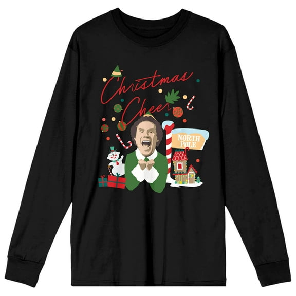 Elf Buddy the Elf Christmas Cheer Women's Black Long Sleeve Crew Neck Tee-Medium