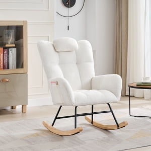 Acekid Rocking Chair, 300lb Glider Chair with Wood Legs & Side Pockets, Teddy Upholstered Rocker, Beige