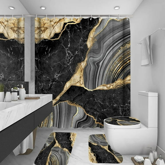4Pcs Marble Shower Curtain Sets, Bathroom Decor Sets, Luxury with 12 Hooks, Bath Mat, Toilet Lid Rug and Non-Slip U Shape Mat Accessories, 72 x 72 Inch, Black