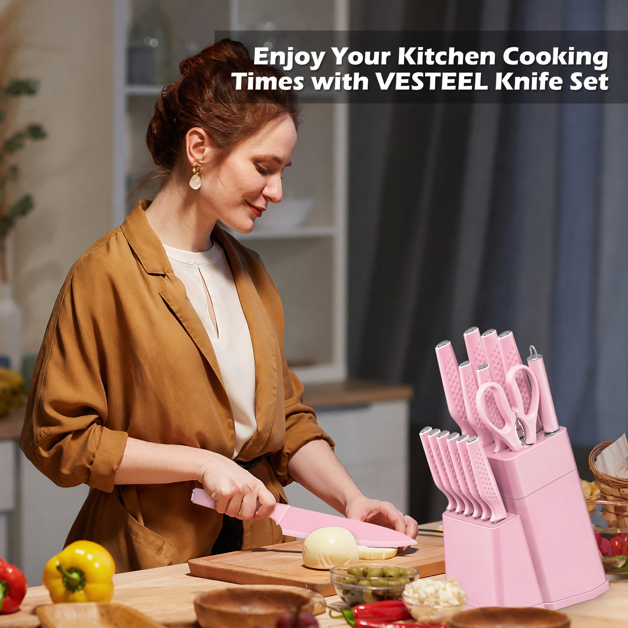 Vesteel Knife Block Set for Kitchen, 15-Piece High Carbon Stainless Steel Knives Set with Ergonomic Handle, Ultra-sharp & Rust Resistant, Pink