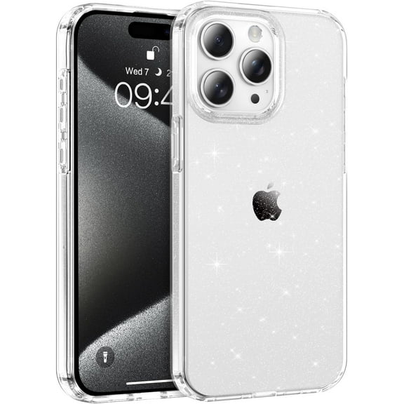 iPhone 15 Pro Max Case, Full Body Wireless Charging Sparkle Blingbling Crystal Transparent Heavy Duty Hybrid Shockproof Drop Protective Phone Cover for Apple iPhone 15 Pro Max, Glitter Clear