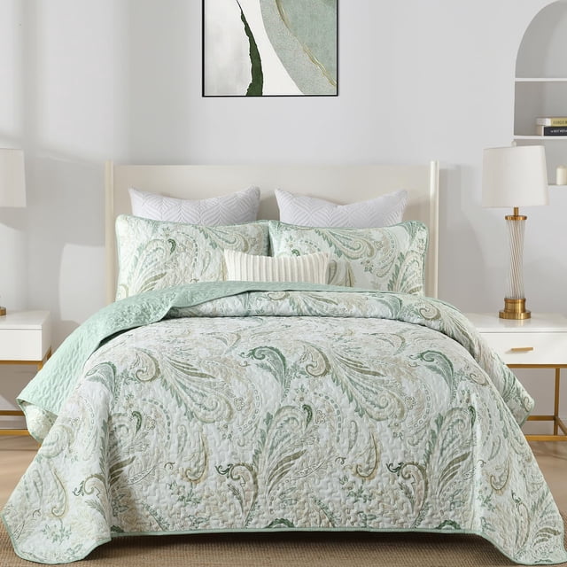 Juego de edredón WONGS BEDDING Boho King, verde salvia, cachemir y floral