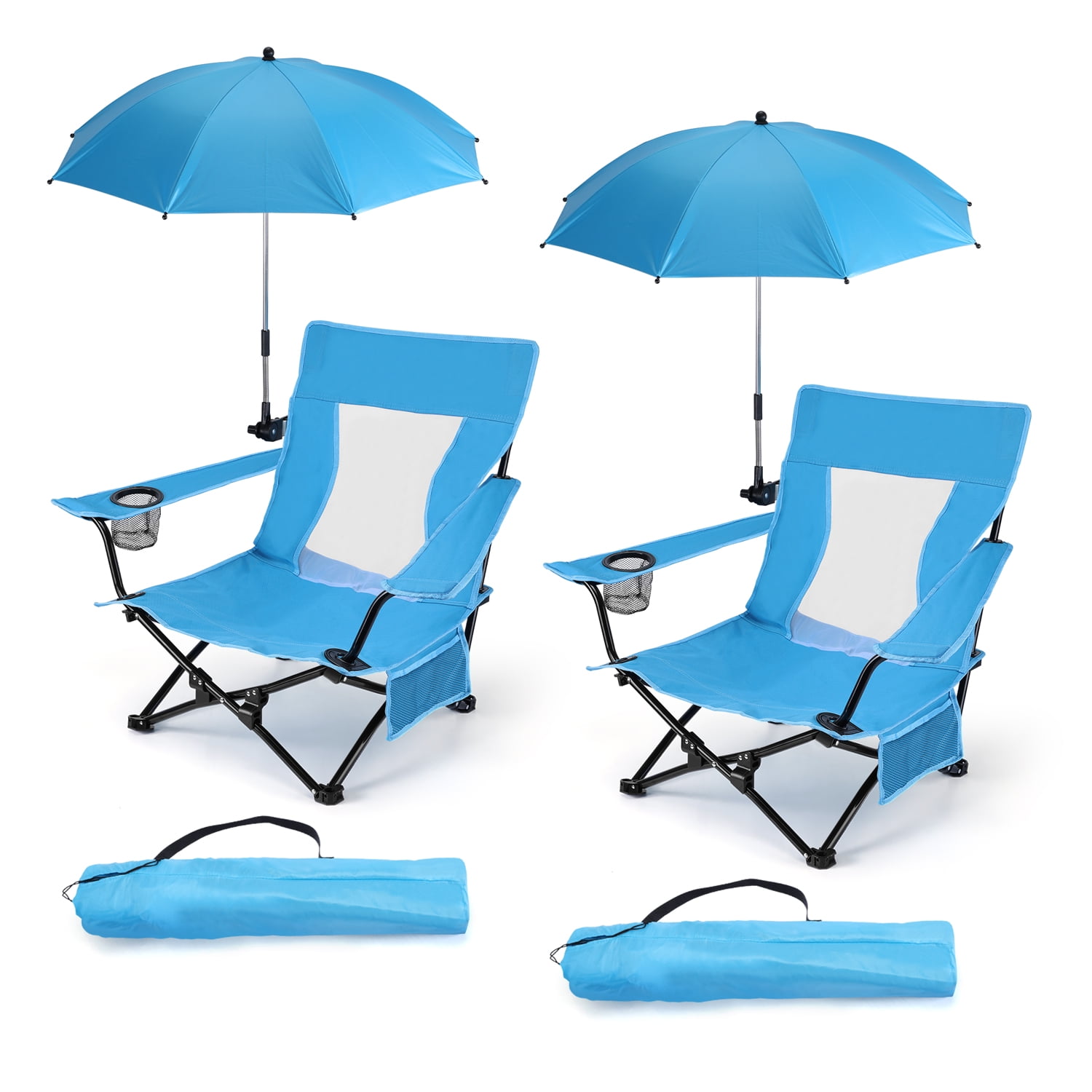 Walchoice 2 Pack Beach Chair with Umbrella, Folding Oversized Camping Chair with Adjustable Umbrella, Wide Seat Chair with Cup Holder & Carry Bag for Picnic Patio Outdoor, Blue