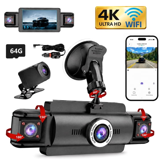4 Channel Dash Cam,4K 360 Full View Front Rear Left Right Car Camera, 2.4GHz WiFi App, Night Vision, G-Sensor, Loop Recording, 64GB Card