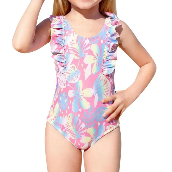 Otqutp Girls One Piece Swimsuit Rainbow Gradient Heart Print Ruffle Sleeveless Bathing Suit Summer Slim Fit Beach Surf Swimwear