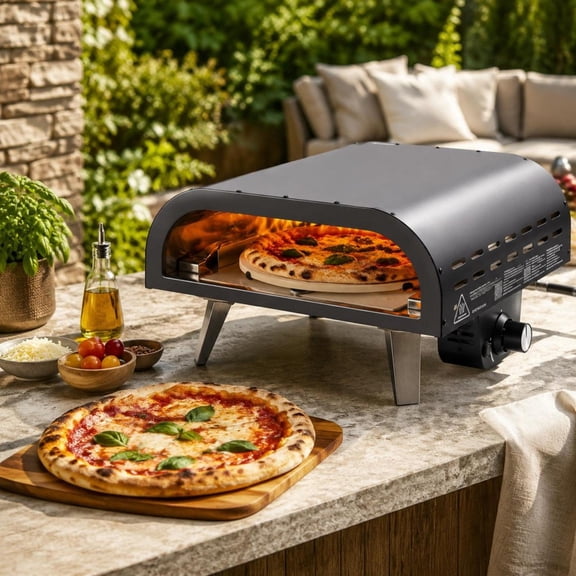 Outdoor Pizza Oven, 12 inch Propane Gas Pizza Maker with Electric Rotation, Pizza Stone and Carry Bag, for Backyard Patio Camping, Black