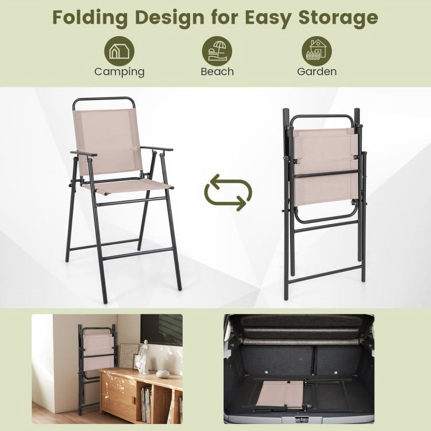 Yardi Yard Set of 2 Patio Folding Bar-Height Chairs with Armrests and Quick-Drying Seat-Beige, Outdoor Furniture Chairs for Backyard, Porch, Garden, Poolside