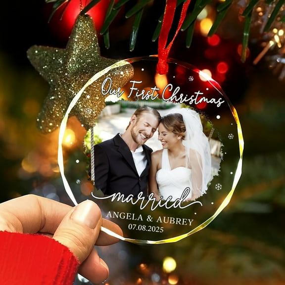Personalized Photo Glass Ornament | Our First Christmas as Mr. and Mrs. | Custom Names & Year Wedding Keepsake Gift for Couple