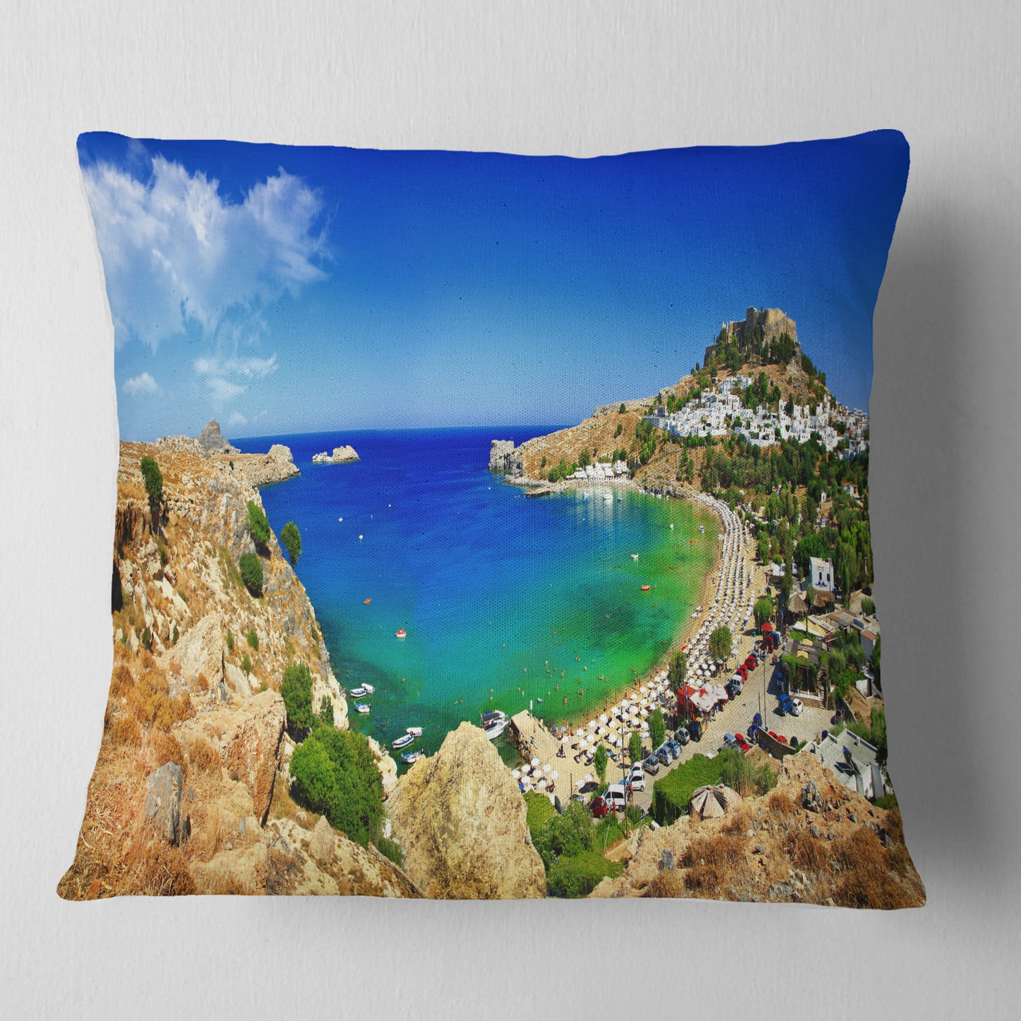 Designart Lindos Bay Greece Panorama - Landscape Photography Throw Pillow - 18x18