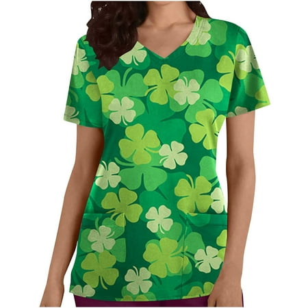 

SMihono Deals Scrub Working Uniform for Women Short Sleeve V Neck Pockets Slim Fit St. Patrick s Day Tunic Blouse Shirts Fashion Ladies Tops Lucky Clover Print Female Leisure Green 8