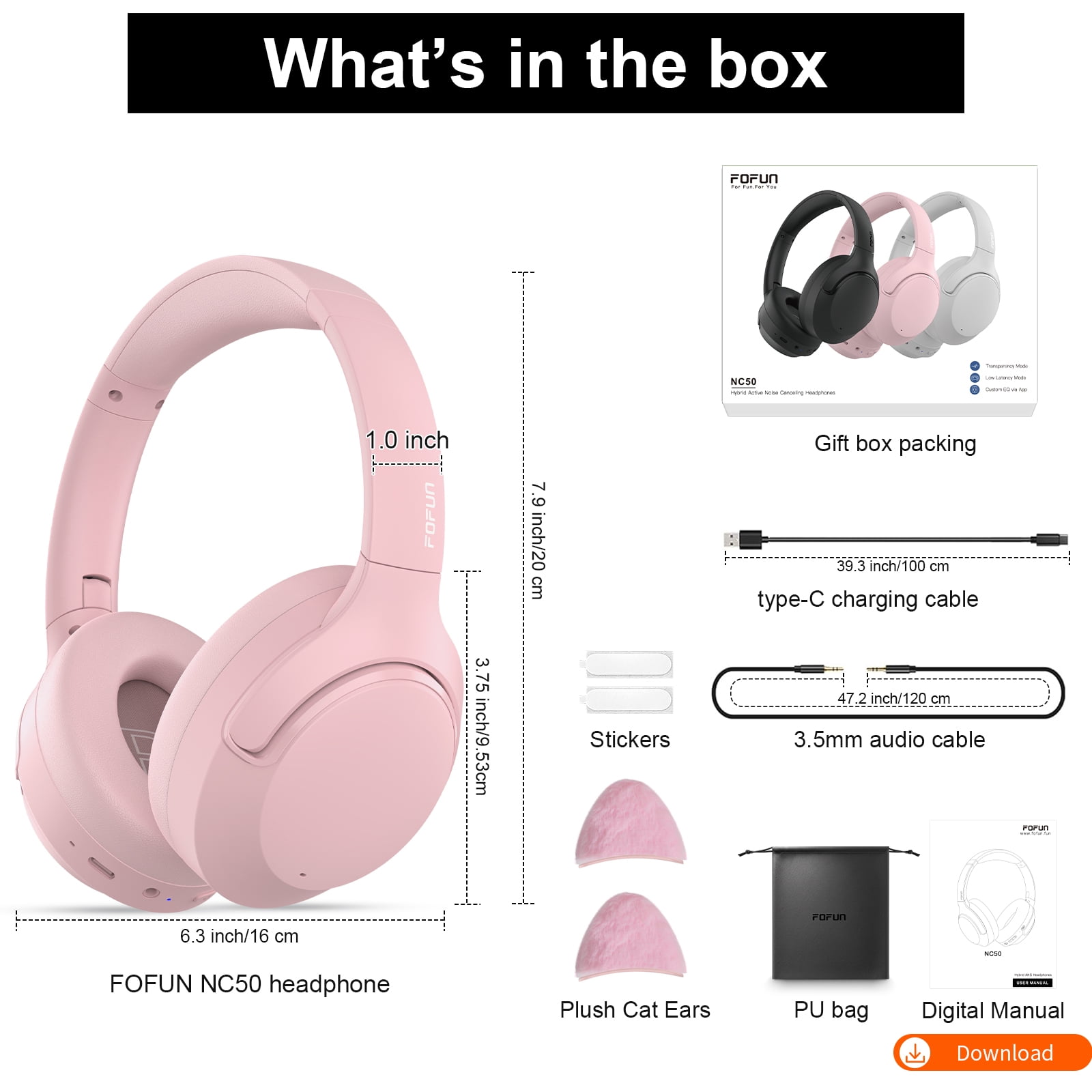 FOFUN NC50 Hybrid Active Noise Cancelling Headphones Wireless Bluetooth 6.0 with Plush Cat Ears, Foldable Over Ear Headphones, Custom EQ via App, 65 Hours Playtime, Low Latency Game Mode