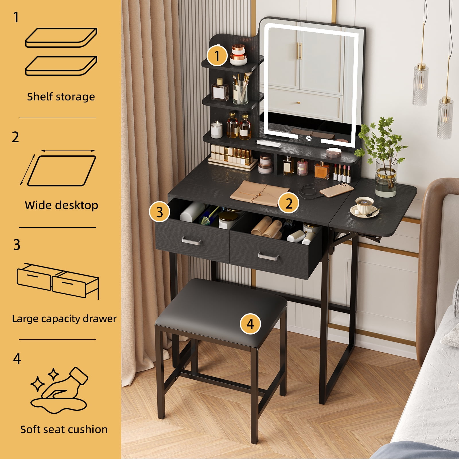 Fairy Makeup Vanity Desk with Mirror, Lights, Power Outlet, Chair & Storage Drawer, Black