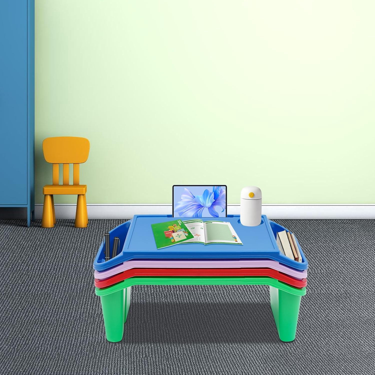 4/6/12pcs Kids Lap Desk Tray Plastic Breakfast Laptop Trays with Storage Portable Activity Table with Side Pockets/Slot Portable Lap Bed Table for Writing Eating Game Snacks