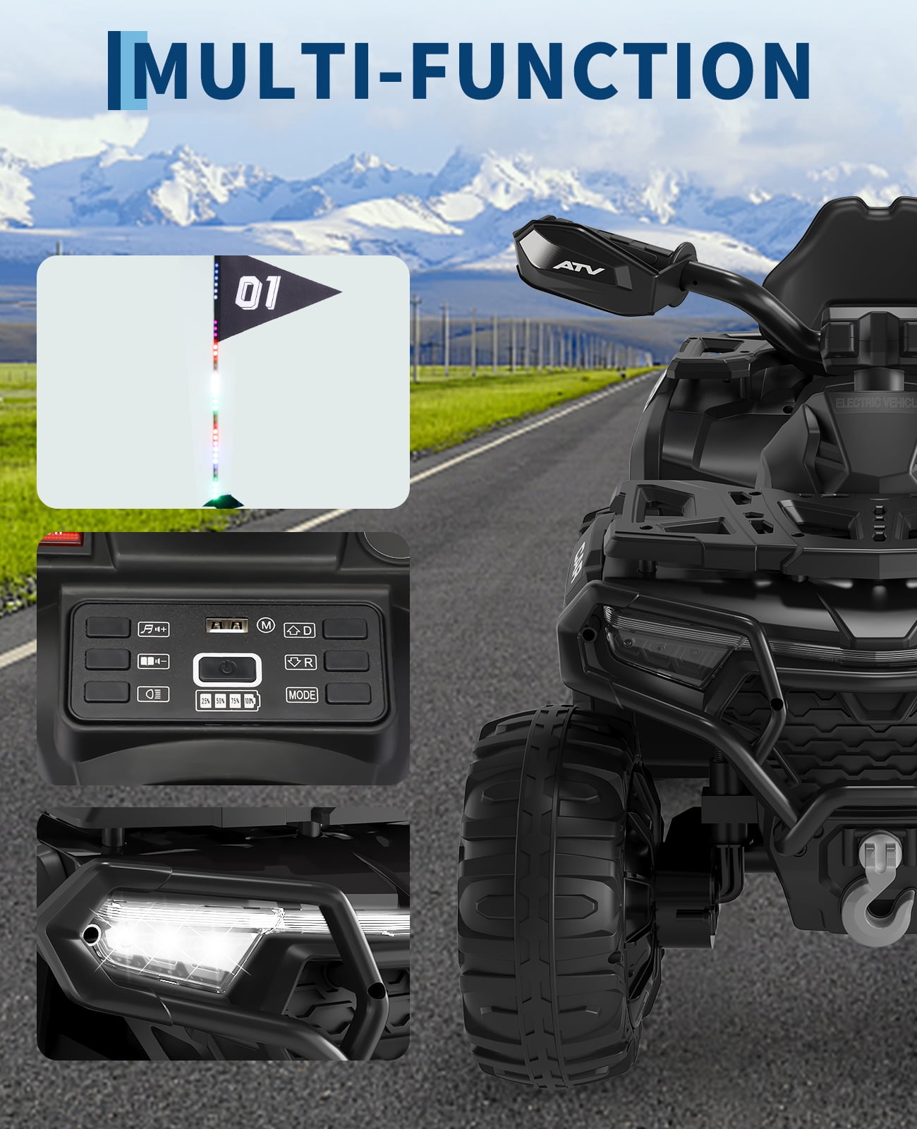 Roromall 12V Kids Ride on ATV Car w/Parent Remote Control, Spring Suspension, LED Lights, USB, Music, Volume Control, Off-Road 4 Wheeler w/LED Flag for Boys & Girls Ages 3+