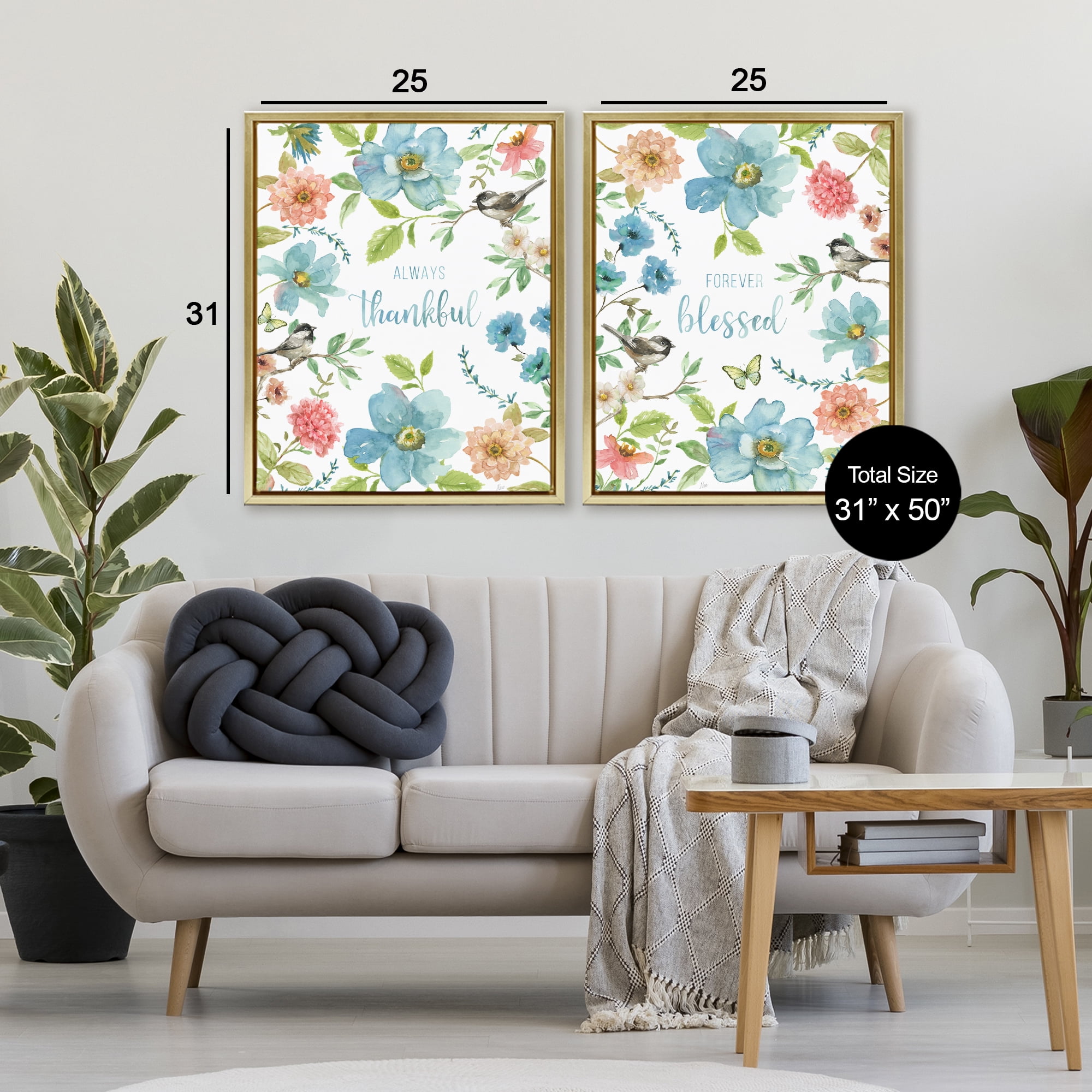 Stupell Industries Pink & Blue Gratitude Blooms 2 Piece Gold Framed Floater Canvas Set, design by Nan