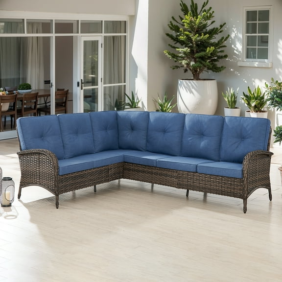 Opohoro 6-Person Outdoor Wicker Patio Sectional Sofa with Blue Cushions, Brown PE Rattan Modular Sectional, 90.3'' L