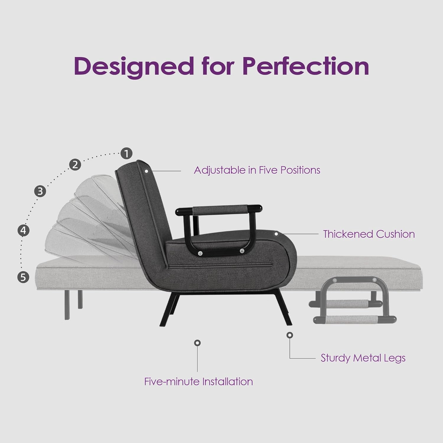 MIDODO Sleeper Chair Bed, 5 in 1  Convertible Sofa Bed with 5-Position Adjustable Backrest & Pillow Floor Single Futon Chairs
