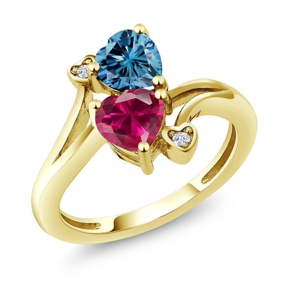 Gem Stone King 10K Yellow Gold Fashion Right-Hand Ring Heart Shape Persian Blue Moissanite and Created Ruby Red (1.79 Cttw, Size 7)