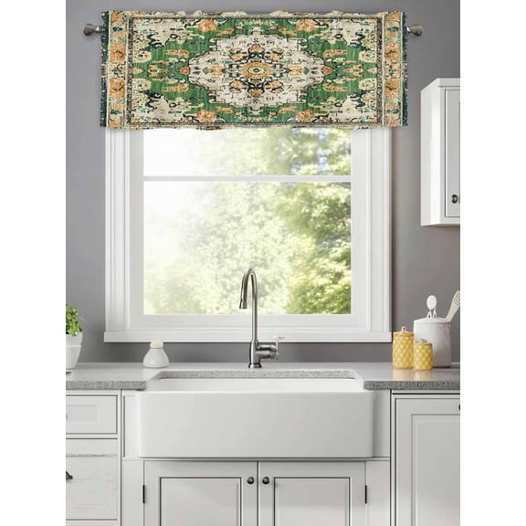 Green Bohemian Ethnic Western Valances for Windows,Kitchen Valance Rod Pocket Short Curtain,Vintage Native Tribal Valance Curtain Window Valances for Bedroom Living Room 42x12in