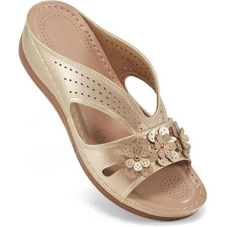 

SHYPM Summer Outside Slides Women s Flowers Decor Slide Sandals Comfortable Casual Open Toe Arch Support Shoes-36