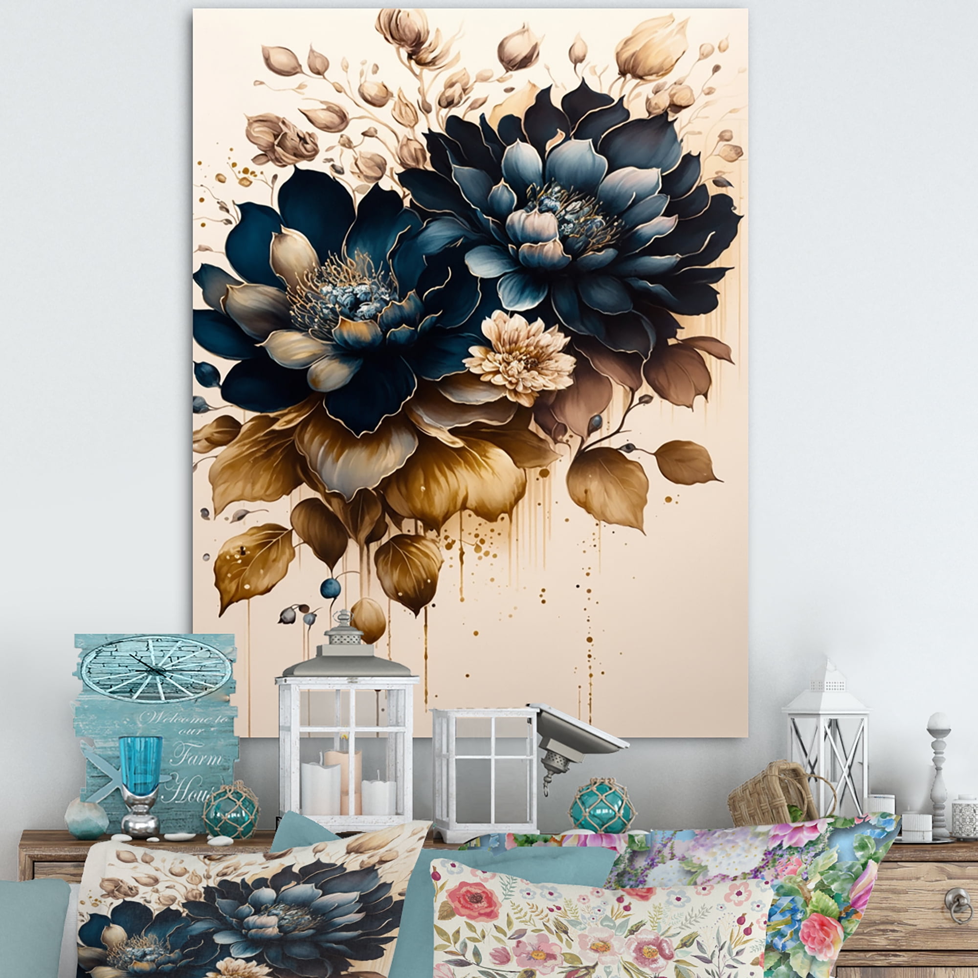 Designart Blue And Gold Dahlia Bunch II Canvas Wall Art