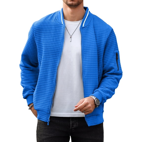 Colsmile Men's Waffle Knit Bomber Jacket, Lightweight Full Zip Varsity Baseball Coat with Pockets for Spring Fall,Royal Blue 3XL