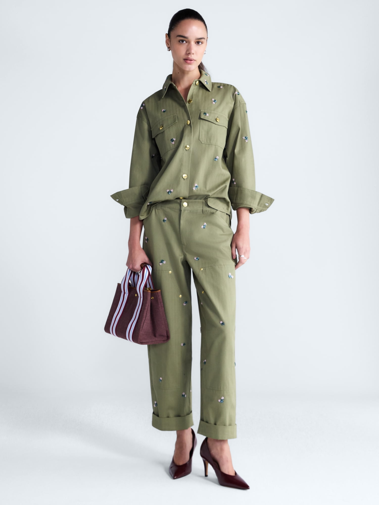 Free Assembly Women's Embellished Cotton Utility Shirt With Long Sleeves, Sizes XS-XXL