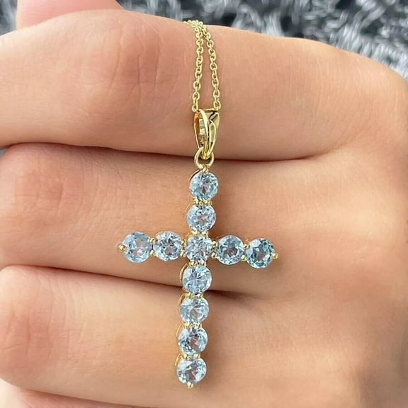 Sparkle Jewels Lab Created Round Cut Aquamarine Cross Women Pendant 14K Yellow Gold Finish Free Chain