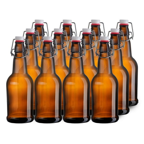 12 pack 16oz Amber Glass Beer Bottle Bottles with Easy Wire Swing Cap & Airtight Rubber Seal. Perfect for Home Brewing Wine.