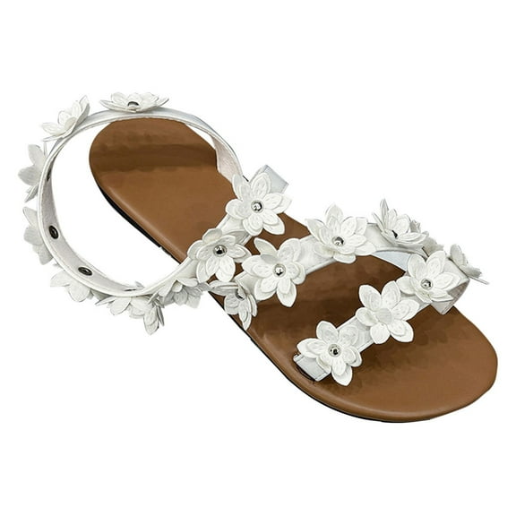 Nrmvnmi Women's Sandals Comfortable Dressy Summer Floral Bohemian Shoes Open Toe Hollow Out Large Size Flat Heel Hollow Beach Outdoor Sandals White Mothers Day Gifts