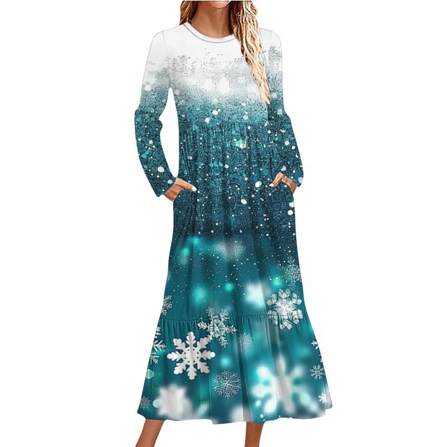 Pisexur Robes de Noël pour Femmes Mode Imprimé Graphique de Noël Robes de Fête Décontractées Col Rond Manches Longues Robe Maxi Fluide à Étages Robes Longues d'Automne pour Femmes avec Poches