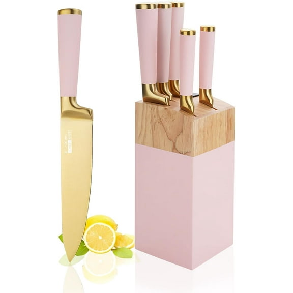 Kitchen Knife Set, 6-Pieces Golden Titanium Coated Knife Block Set with Wood Knife Block & Built-in Sharpener, Stainless Steel Sharp Chef Knife Set, Pink Knives Set for Home Kitchen