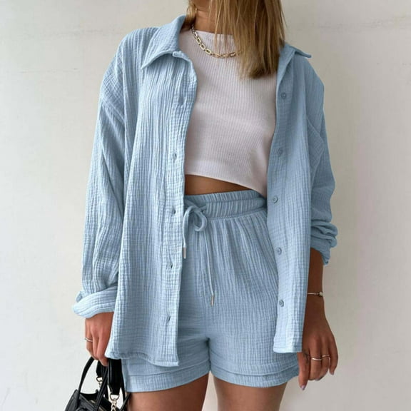 Women 2 Piece Outfits Long Sleeve Button Down Shirt And Shorts Set Casual Sweatsuits Crinkle Crepe Shirts Loungewear Light Blue L