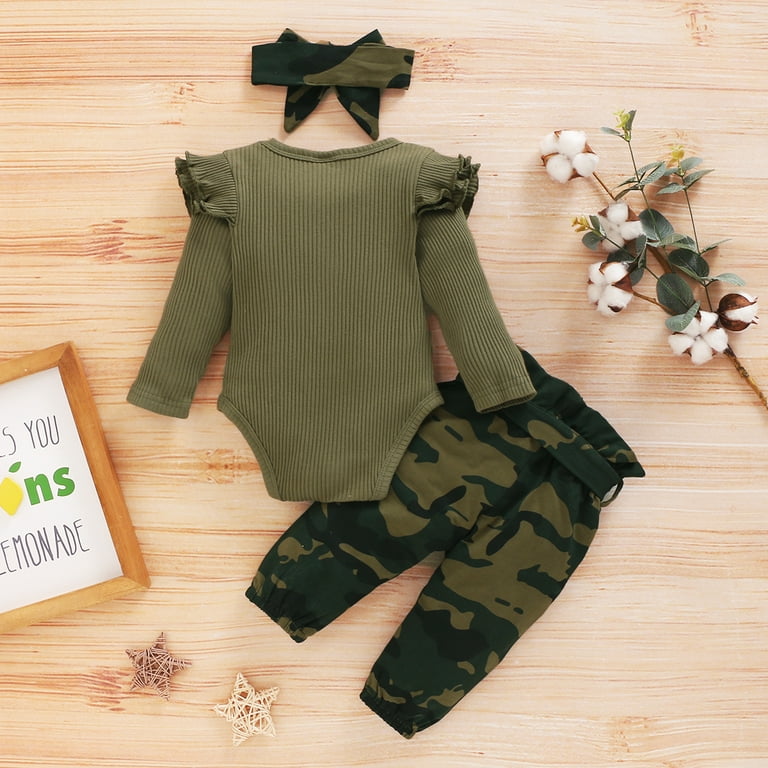 Infant Girl's 3PCS Camo Outfit Set Long Sleeve Romper, Pants - Main Image