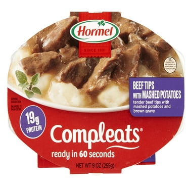 HORMEL COMPLEATS Tender Beef Tips with Mashed Potatoes & Gravy, Shelf-Stable, 15 grams Protein, 9 oz Plastic Microwaveable Tray