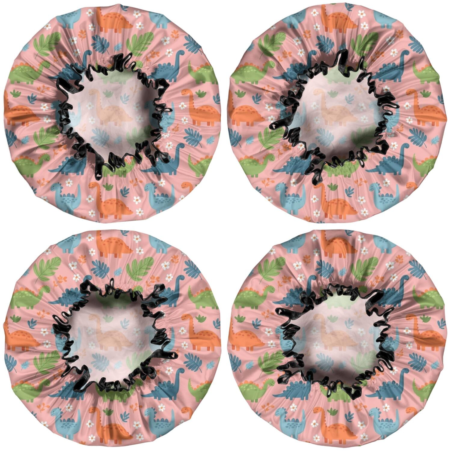 Shower Caps,Pink Dinosaur Floral Pattern Waterproof Shower Cap for Women 4 Pieces,Double Reusable Hair Cover for Shower PEVA Elastic Stretch Hem