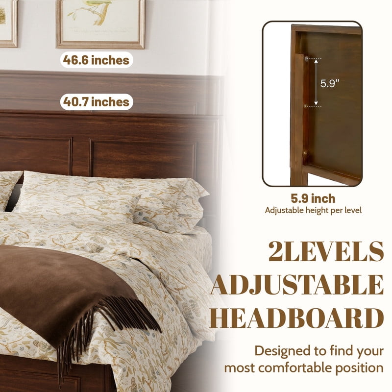 Vintage Queen Size Platform Bed with Adjustable Height Headboard, Wooden Low-Profile Bed Frame with Under-Bed Storage