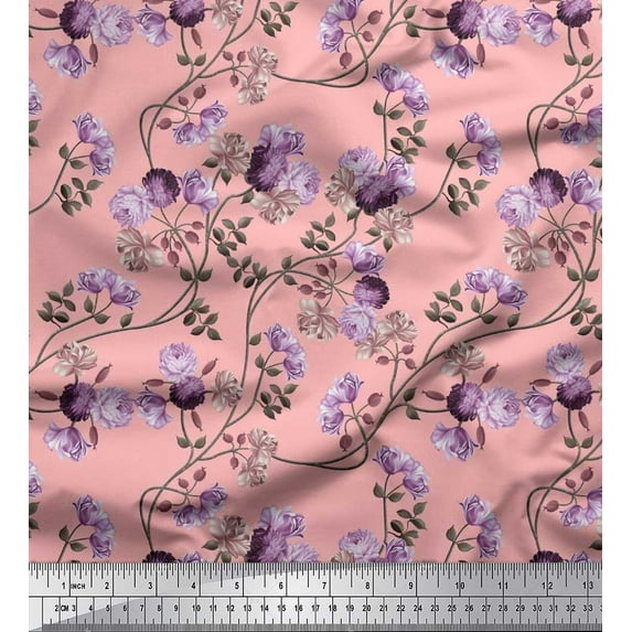 Soimoi Modal Satin Fabric Leaves & Peony Floral Fabric Prints by Yard 42 Inch Wide